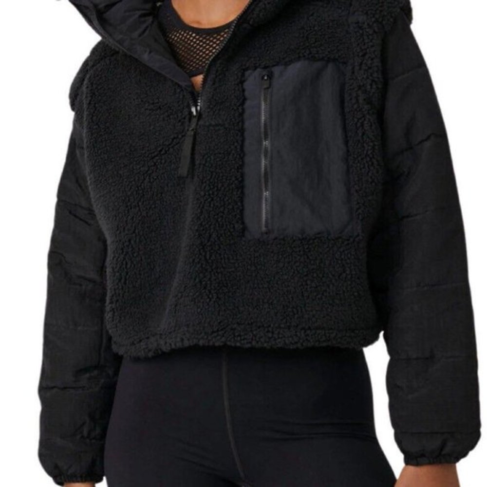 Free People Black Sherpa Cropped Pullover Jacket